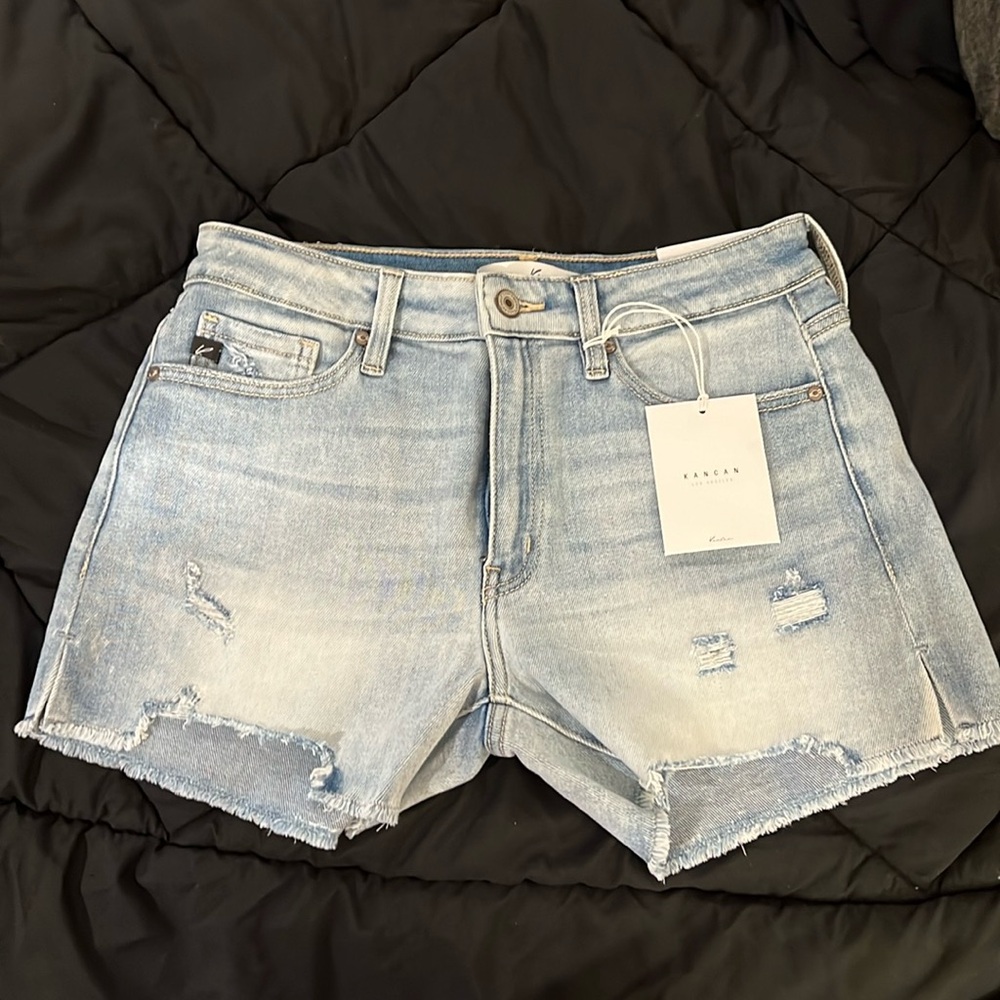 KanCan High Rise Light Wash Denim Shorts Distressed Cut Off Jeans Shark bite hem